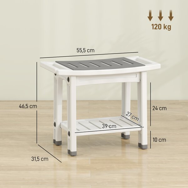 HOMCOM Sgabello da Bagno a 2 Livelli in HDPE con Cuscino in EVA, Ripiano Portaoggetti, Portata 120 kg, Bianco | Aosom Italy