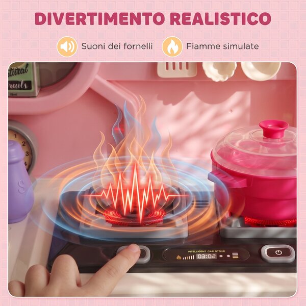 AIYAPLAY Cucina Giocattolo per Bambini con Luci, Suoni, Fornello, Lavello, Rubinetto, Cappa, Accessori, 3-6 Anni, Rosa | Aosom Italy