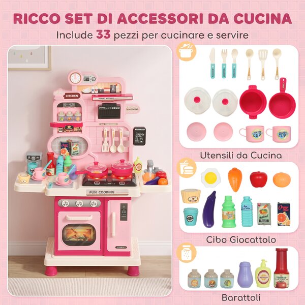 AIYAPLAY Cucina Giocattolo per Bambini con Luci, Suoni, Fornello, Lavello, Rubinetto, Cappa, Accessori, 3-6 Anni, Rosa | Aosom Italy