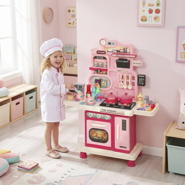 AIYAPLAY Cucina Giocattolo per Bambini con Luci, Suoni, Fornello, Lavello, Rubinetto, Cappa, Accessori, 3-6 Anni, Rosa | Aosom Italy