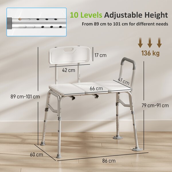 HOMCOM Sedia per Vasca da Bagno con Schienale e Bracciolo, Altezza Regolabile in 10 Livelli, Fino a 136 kg, Bianco | Aosom Italy