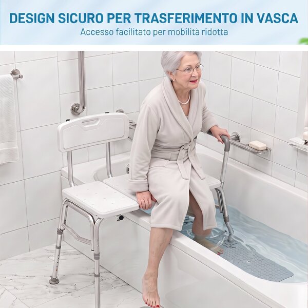 HOMCOM Sedia per Vasca da Bagno con Schienale e Bracciolo, Altezza Regolabile in 10 Livelli, Fino a 136 kg, Bianco | Aosom Italy