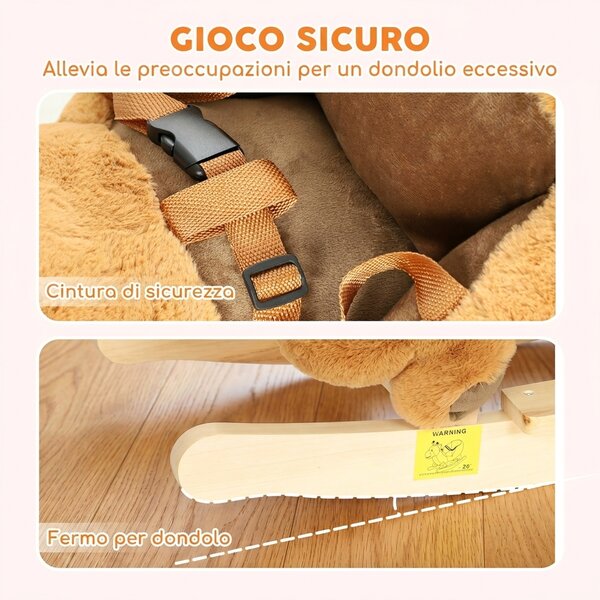 AIYAPLAY Dondolo per Bambini 1-3 Anni a Scoiattolo in Peluche, Suoni, Cintura di Sicurezza, Marrone | Aosom Italy