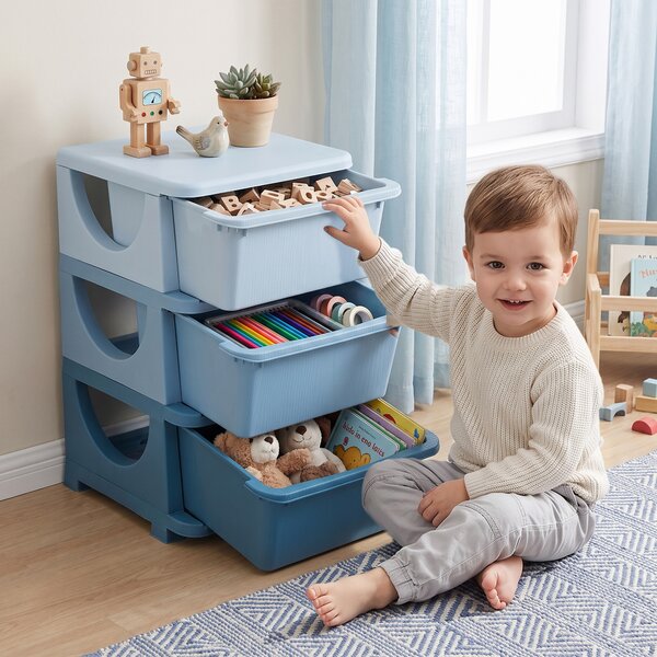 HOMCOM Cassettiera in Plastica Colorata per Cameretta con 3 Cassetti, Arredamento Casa e Asilo 37x37x56.5cm Blu|Aosom