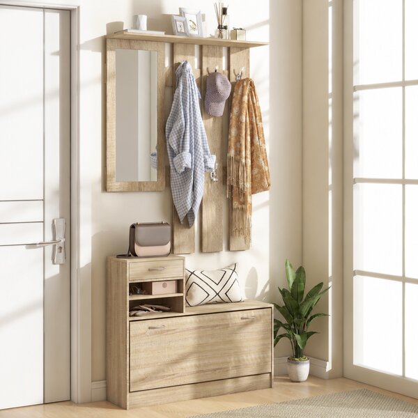 HOMCOM Mobile Appendiabiti 3 in 1 con Scarpiera e Specchio, Ganci e Cassetti, in Legno, 90x24x177 cm, color Quercia