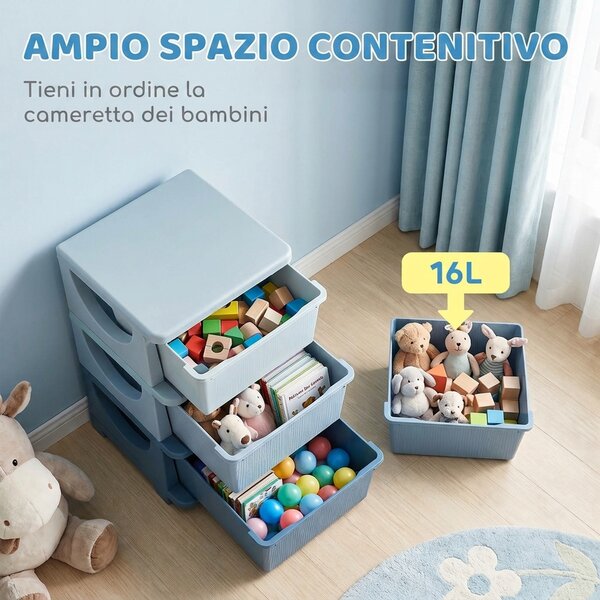 HOMCOM Cassettiera in Plastica Colorata per Cameretta con 3 Cassetti, Arredamento Casa e Asilo 37x37x56.5cm Blu|Aosom