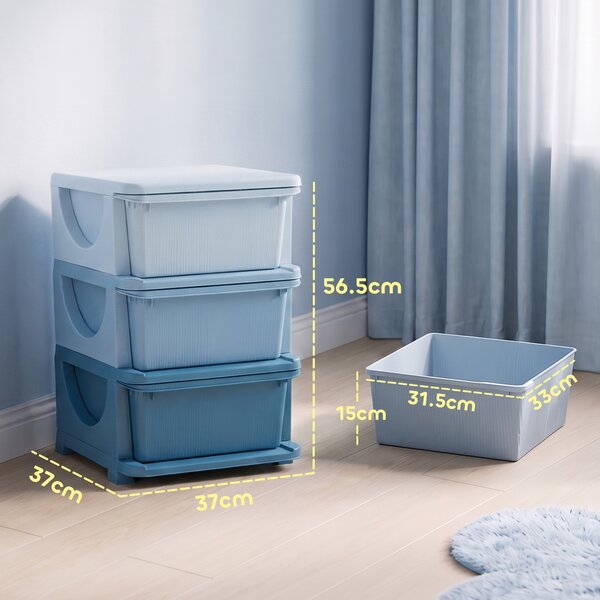 HOMCOM Cassettiera in Plastica Colorata per Cameretta con 3 Cassetti, Arredamento Casa e Asilo 37x37x56.5cm Blu|Aosom