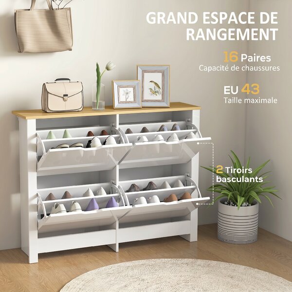 HOMCOM Scarpiera Moderna per 16 Paia Max con 4 Cassetti Regolabili e Rimovibili, in Legno, 105x26x80 cm, Bianco | Aosom Italy