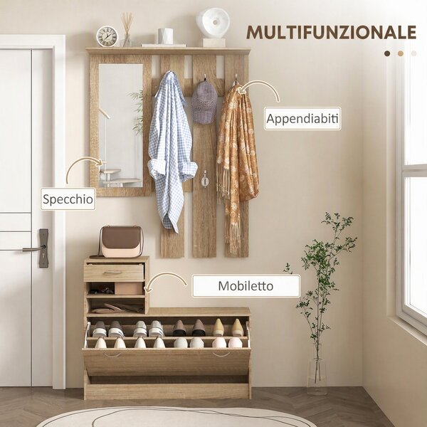 HOMCOM Mobile Appendiabiti 3 in 1 con Scarpiera e Specchio, Ganci e Cassetti, in Legno, 90x24x177 cm, color Quercia