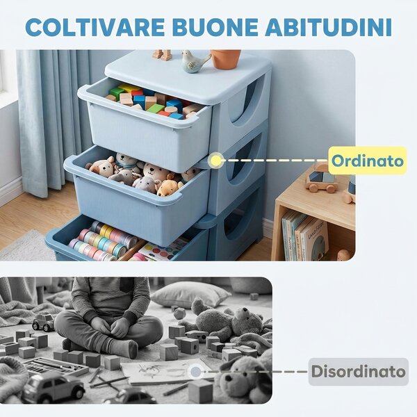 HOMCOM Cassettiera in Plastica Colorata per Cameretta con 3 Cassetti, Arredamento Casa e Asilo 37x37x56.5cm Blu|Aosom