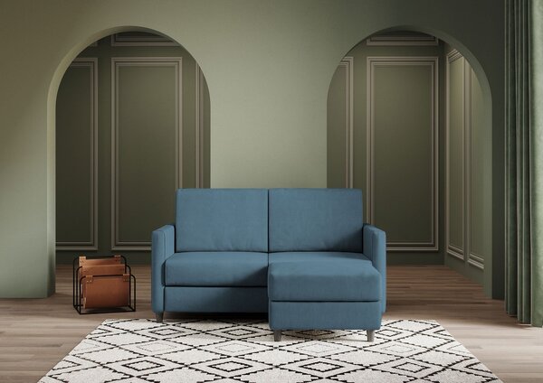 Divano 2 Posti con Pouf 138x155x85 cm Karay in Tessuto Avio