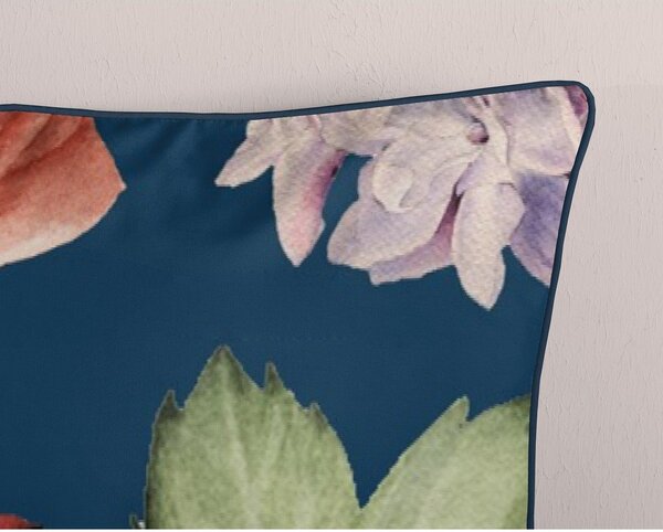 Set copripiumino e federa blu scuro in raso di cotone per letto singolo ed esteso 140x220 cm Fiori – Descanso