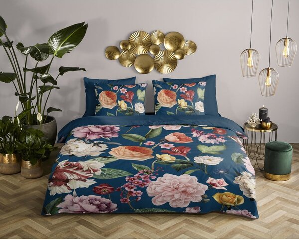 Set copripiumino e federa blu scuro in raso di cotone per letto singolo ed esteso 140x220 cm Fiori – Descanso