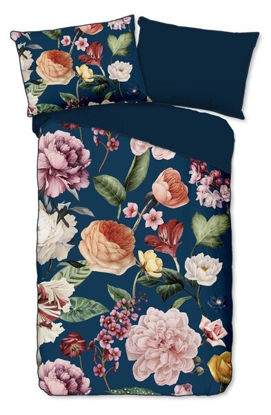 Set copripiumino e federa blu scuro in raso di cotone per letto singolo ed esteso 140x220 cm Fiori – Descanso