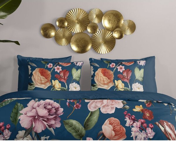 Set copripiumino e federa blu scuro in raso di cotone per letto singolo ed esteso 140x220 cm Fiori – Descanso