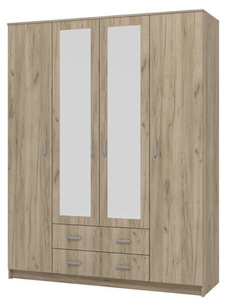 Armadio 4 Ante con Specchio e Cassetti 160x52x205 cm Praga Quercia
