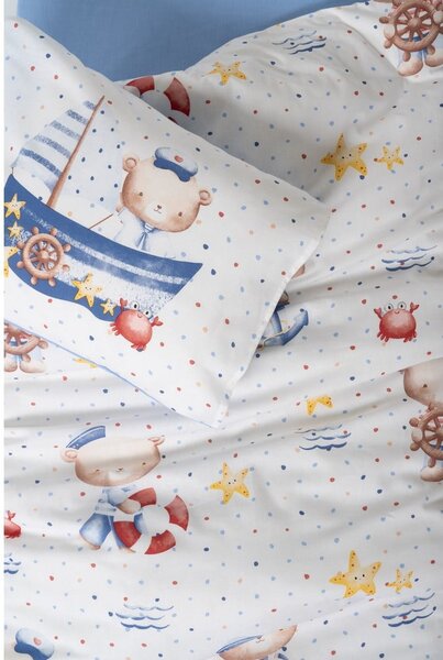 Set copripiumino e federa da bambini bianco/blu in cotone renforcé per culla con lenzuolo incluso/4 pezzi 100x150 cm Seaman – Mijolnir