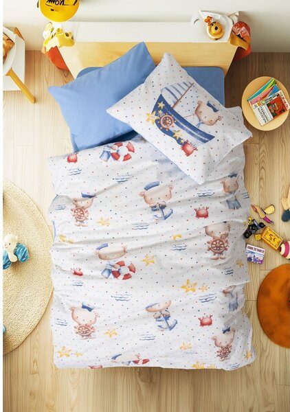Set copripiumino e federa da bambini bianco/blu in cotone renforcé per culla con lenzuolo incluso/4 pezzi 100x150 cm Seaman – Mijolnir