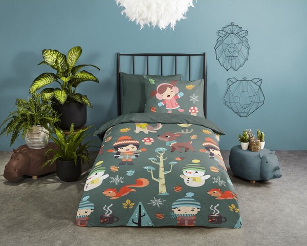 Set copripiumino e federa da bambini verde scuro in cotone per letto singolo ed esteso 140x220 cm Fun – Good Morning