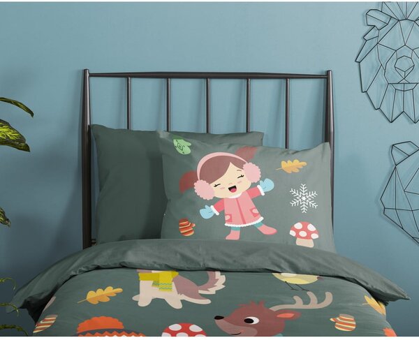 Set copripiumino e federa da bambini verde scuro in cotone per letto singolo ed esteso 140x220 cm Fun – Good Morning