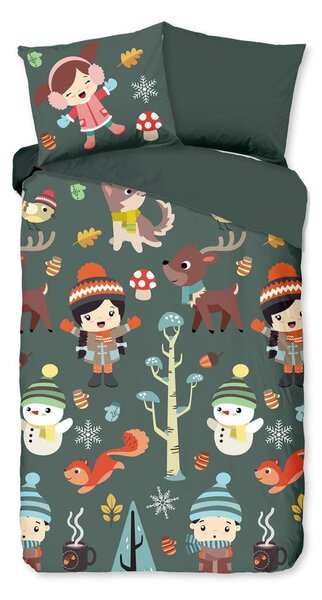 Set copripiumino e federa da bambini verde scuro in cotone per letto singolo ed esteso 140x220 cm Fun – Good Morning