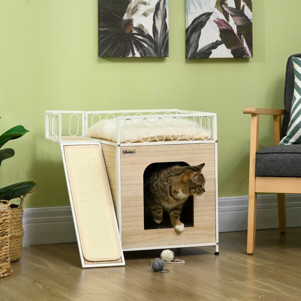 Casetta per Gatti 56x40x54 cm con Tiragraffi e Scaletta Legno e Bianco