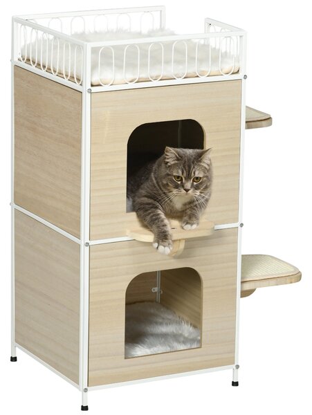 Casetta per Gatti 3 Piani 40x40x84 cm con Tiragraffi Legno e Bianco