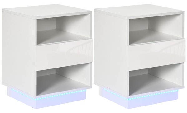 Set 2 Comodini con LED 40x40x55 cm 2 Ripiani 1 Cassetto in Truciolato Bianco