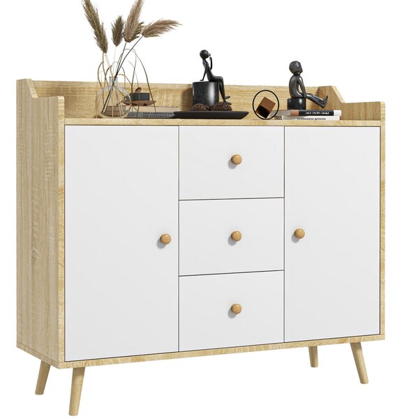Mobile Credenza 3 Cassetti 90x32x80A cm in Truciolato e Legno di Pino Bianco