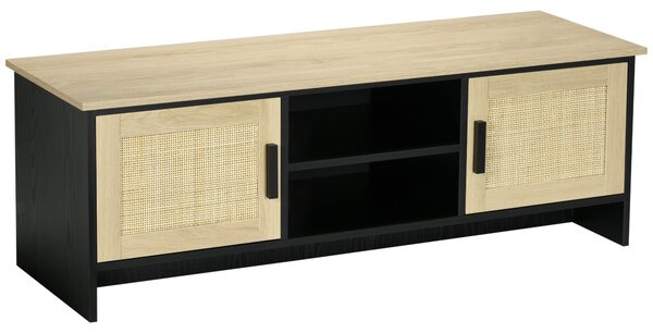 Mobile TV max 60” 120x40x42 cm con 2 Armadietti e Ripiani in Truciolare e Rattan Naturale e Nero