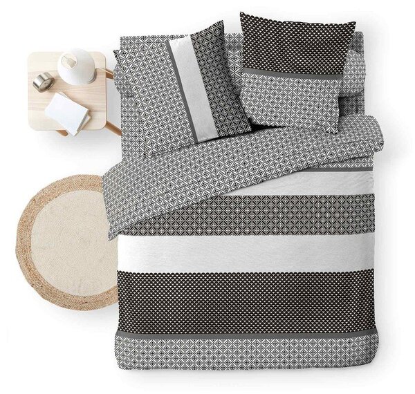 Set copripiumino e federa bianco e nero in cotone per letto matrimoniale ed esteso con lenzuolo incluso/6 pezzi 240x220 cm Meiko – douceur d'intérieur