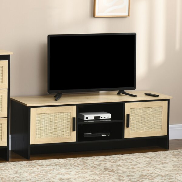 Mobile TV max 60” 120x40x42 cm con 2 Armadietti e Ripiani in Truciolare e Rattan Naturale e Nero