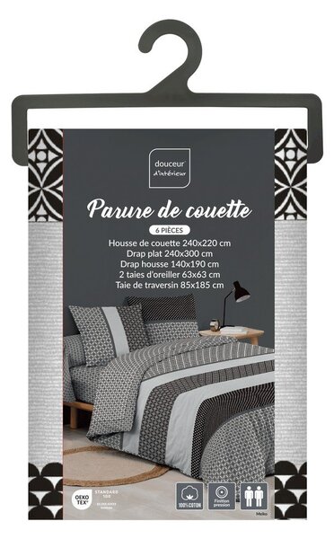 Set copripiumino e federa bianco e nero in cotone per letto matrimoniale ed esteso con lenzuolo incluso/6 pezzi 240x220 cm Meiko – douceur d'intérieur