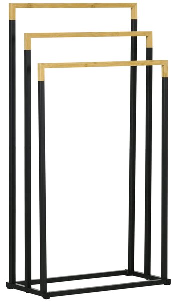 Portasciugamani 3 Barre 45x22,5x86 cm in Bambù e Metallo Nero