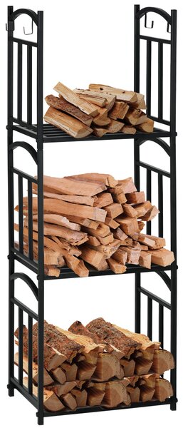 Portalegna 3 Livelli 46x32x126 cm in Metallo con Ganci per Attrezzi Nero