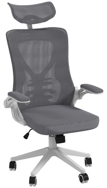 Sedia Poltrona Direzionale da Ufficio 65x64x120-130 cm Braccioli Ribaltabili in Tessuto a Rete Grigio Scuro