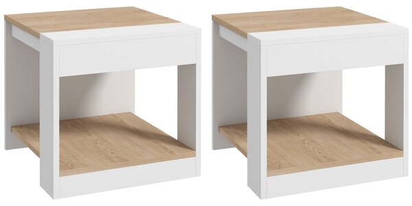 Set 2 Tavolini 2 Livelli 40x40x45 cm in Truciolato Bianco e Quercia
