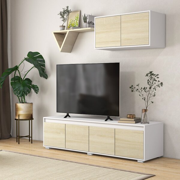 Parete Attrezzata 2 Pezzi Mobile TV max 70” e Mobile Multiuso da Parete in Truciolato Bianco e Legno Naturale
