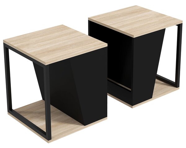 Set da 2 Tavolini da Caffè 40x40x45 cm con Vano Porta Oggetti in Truciolato e Acciaio Nero e Quercia