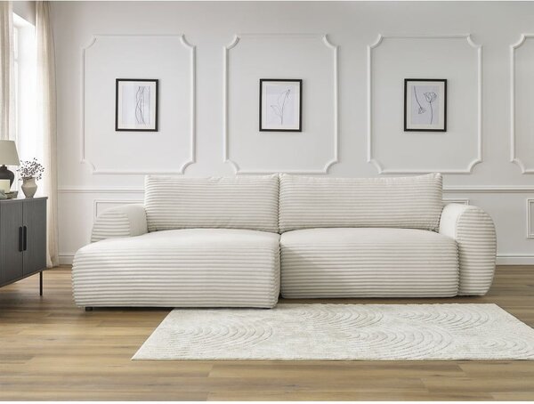 Divano angolare color crema allungabile (con penisola a sinistra) con rivestimento in velluto a coste Lucien – Bobochic Paris
