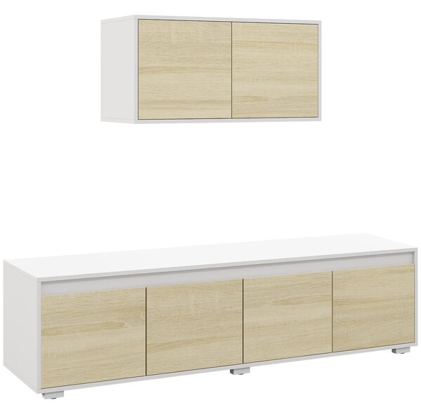 Parete Attrezzata 2 Pezzi Mobile TV max 70” e Mobile Multiuso da Parete in Truciolato Bianco e Legno Naturale