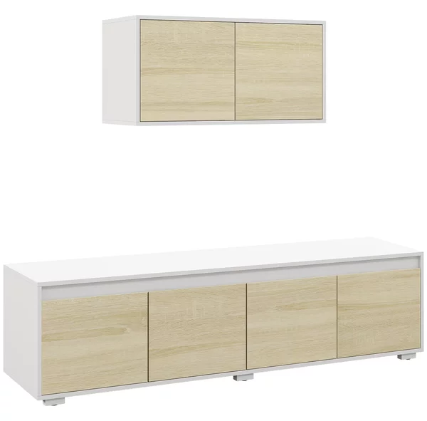 Parete Attrezzata 2 Pezzi Mobile TV max 70” e Mobile Multiuso da Parete in Truciolato Bianco e Legno Naturale