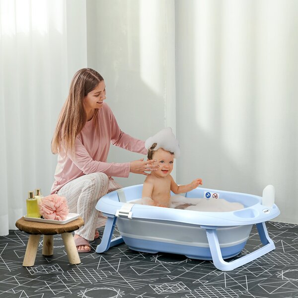Vaschetta Bagnetto Pieghevole per Bambini 0-6 Anni 83x48x23,5 cm con Cuscino e 2 Ripiani Blu e Bianco