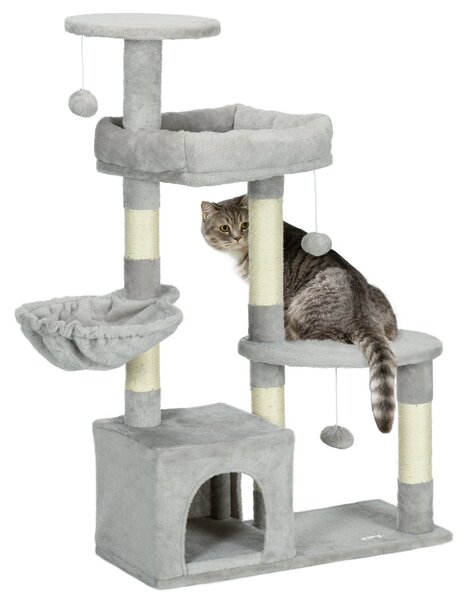 Albero Tiragraffi per Gatti 65x30x104 cm con Casetta e Posatoi Paolo in Sisal Grigio Chiaro
