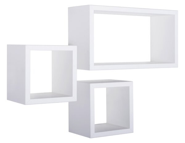Set 3 Mensole Cubo da Parete Quadrato e Rettangolare in Fibra di Legno Tribù Bianco