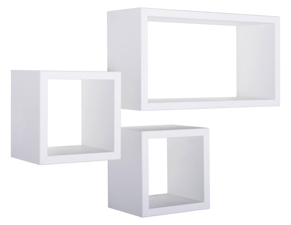 Set 3 Mensole Cubo da Parete Quadrato e Rettangolare in Fibra di Legno Tribù Bianco