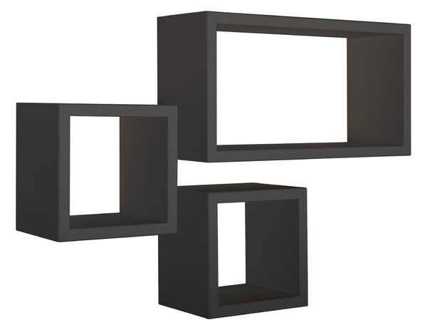 Set 3 Mensole Cubo da Parete Quadrato e Rettangolare in Fibra di Legno Tribù Nero