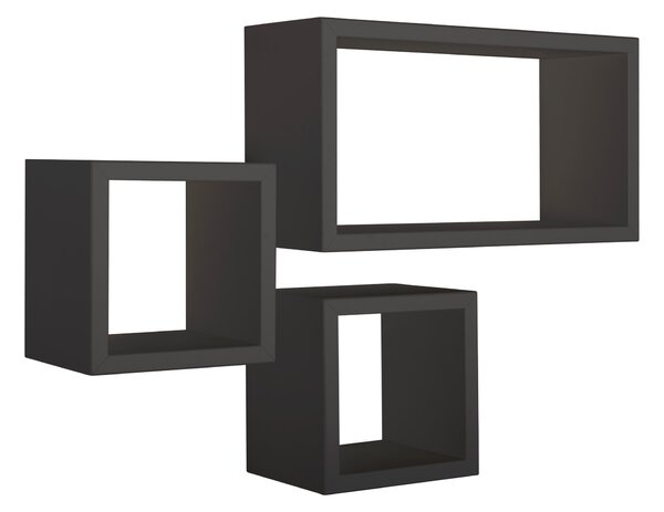 Set 3 Mensole Cubo da Parete Quadrato e Rettangolare in Fibra di Legno Tribù Nero