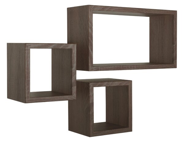 Set 3 Mensole Cubo da Parete Quadrato e Rettangolare in Fibra di Legno Tribù Noce