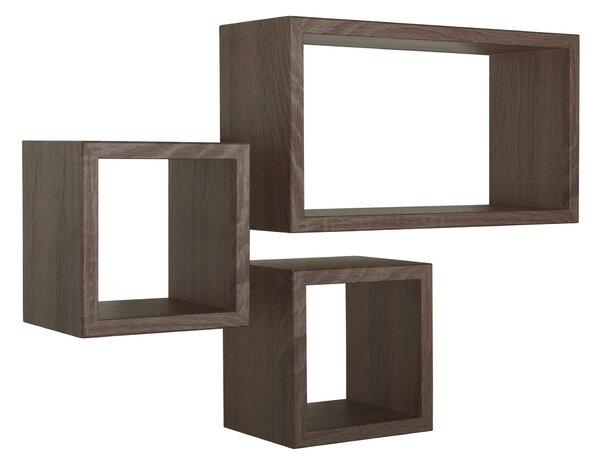 Set 3 Mensole Cubo da Parete Quadrato e Rettangolare in Fibra di Legno Tribù Noce